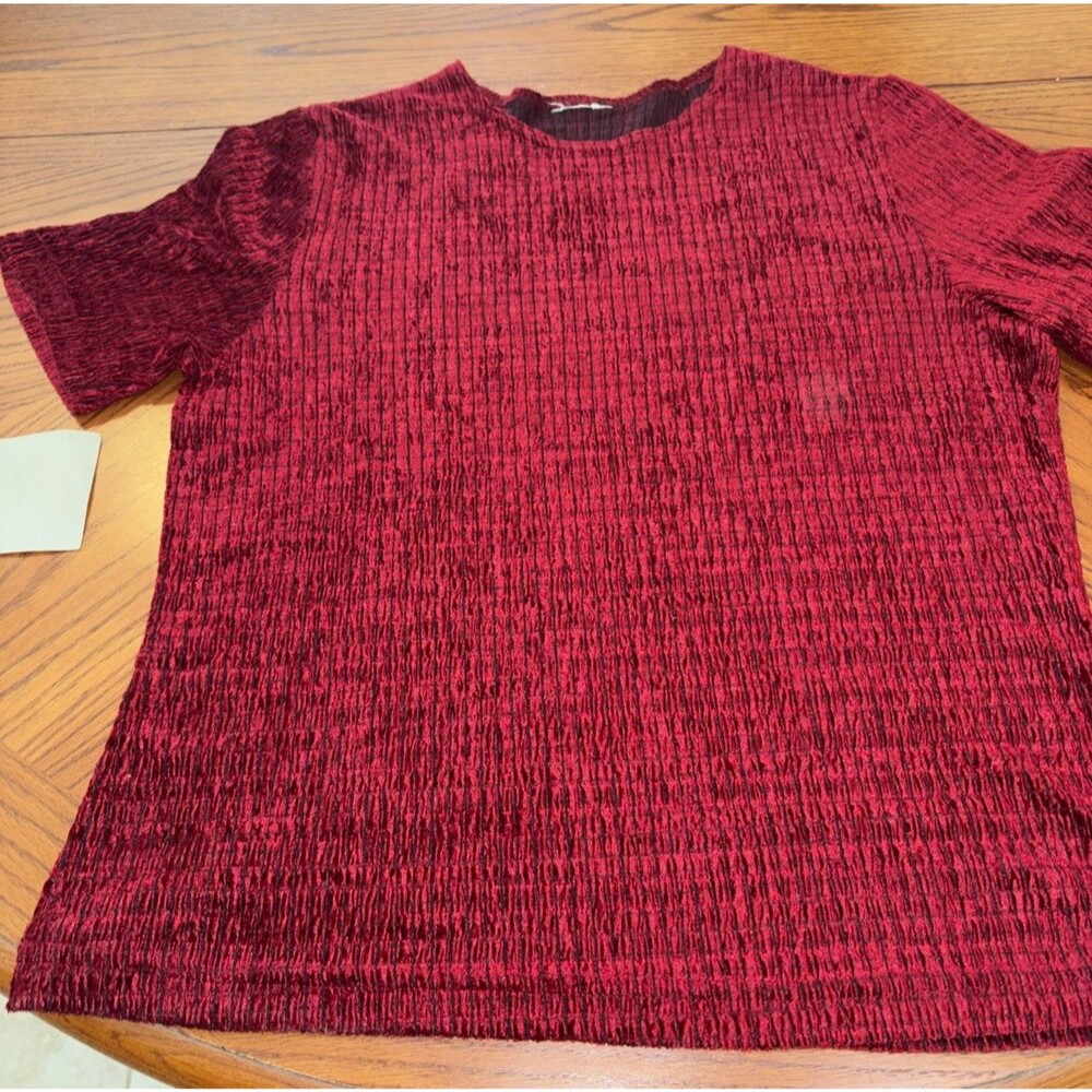 Vintage 90s Red Metallic Crinkle Plisse Stretch Top Medium